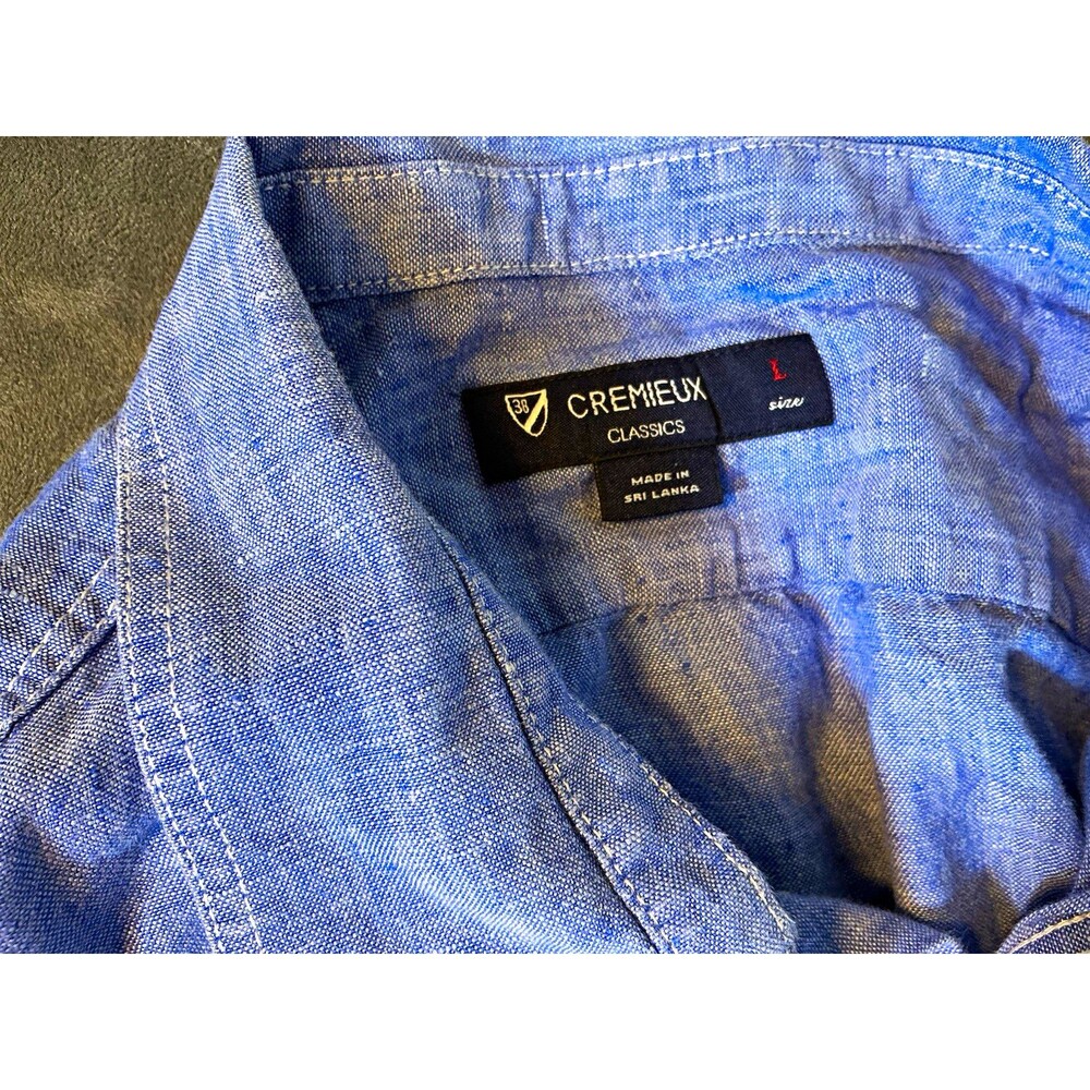 Cremieux Classics L Men’s Blue Linen Short Sleeve Button-Up Shirt Pockets Solid